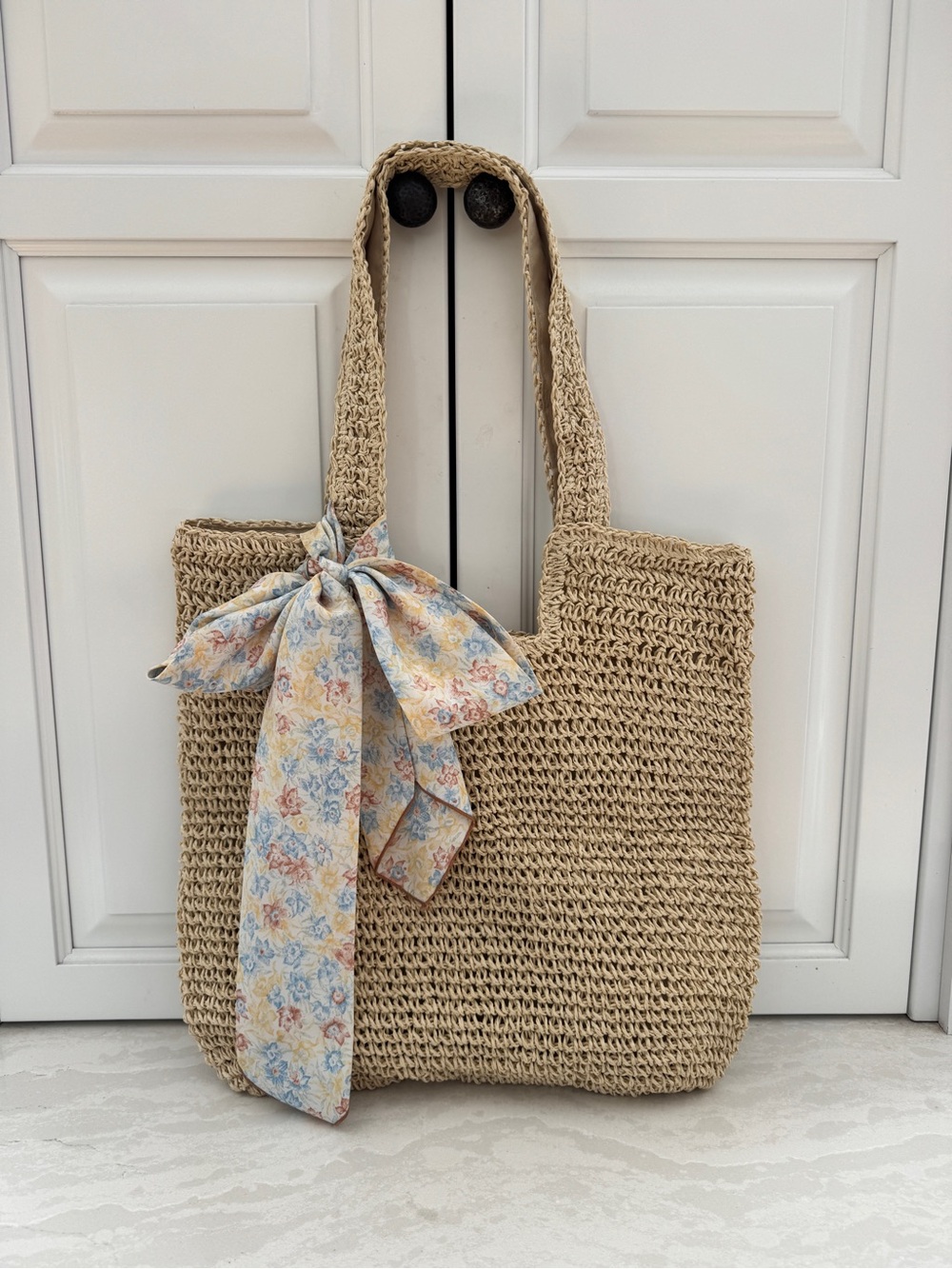 Beige Woven Tote Bag with Floral Scarf Accent